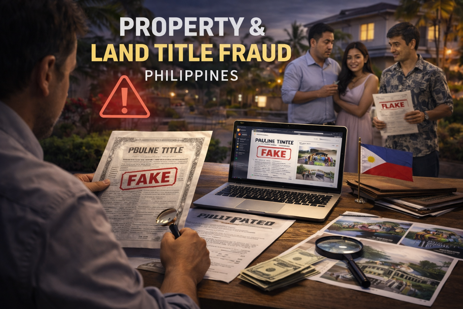Private investigator reviewing property documents with Filipino clients during land title verification case in the Philippines